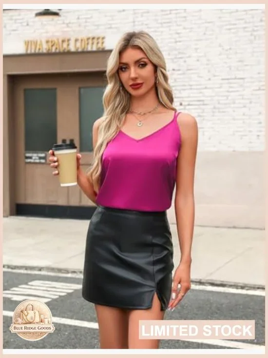 Satin Camisole Top V Neck Spaghetti Strap Cross Back Summer Blouse Chic - Picture 3 of 7